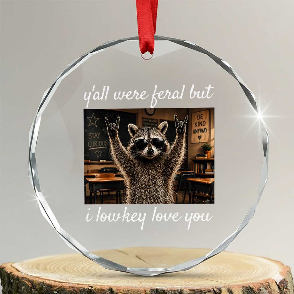 Y'all Were Feral But I Lowkey Love You Crystal Glass Ornament Funny Raccoon Teacher