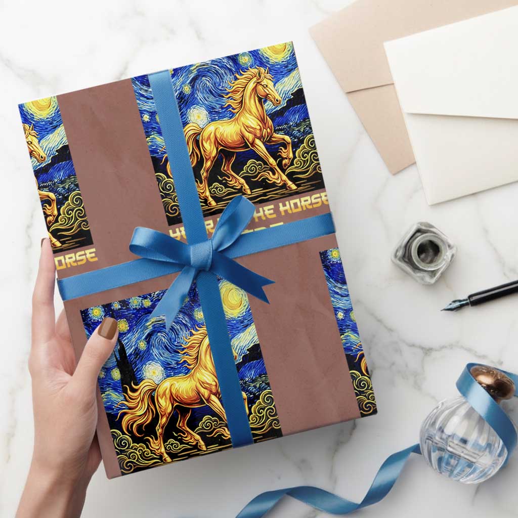 Year of the Horse Starry Night Inspired Graphic Wrapping Paper Roll Golden Horse Chinese Zodiac Art - Wonder Print Shop