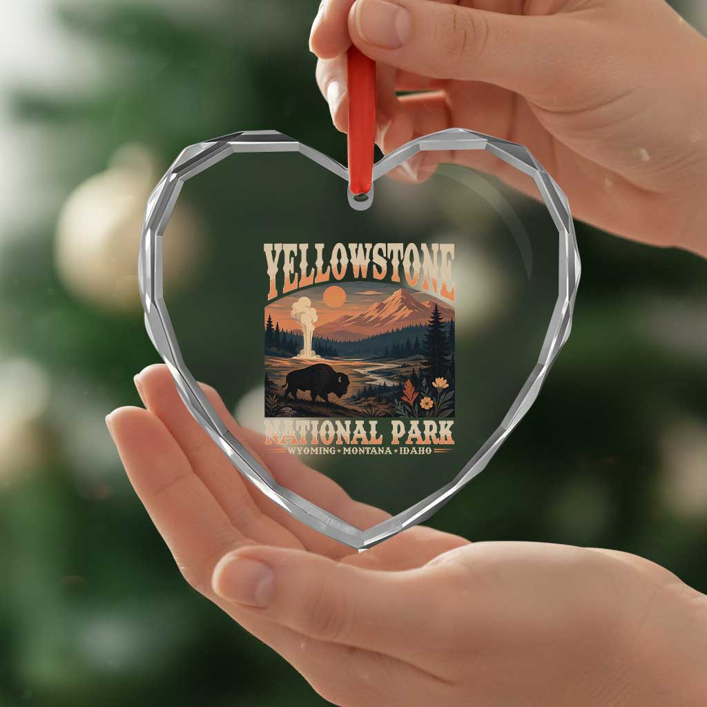 Yellowstone National Park Wyoming Montana Idaho Heart Crystal Glass Ornament Vintage Bison Geyser