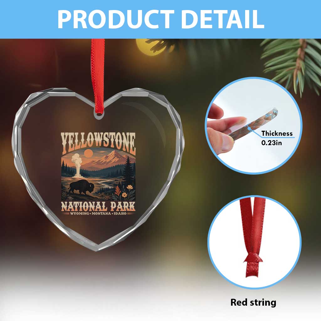 Yellowstone National Park Wyoming Montana Idaho Heart Crystal Glass Ornament Vintage Bison Geyser