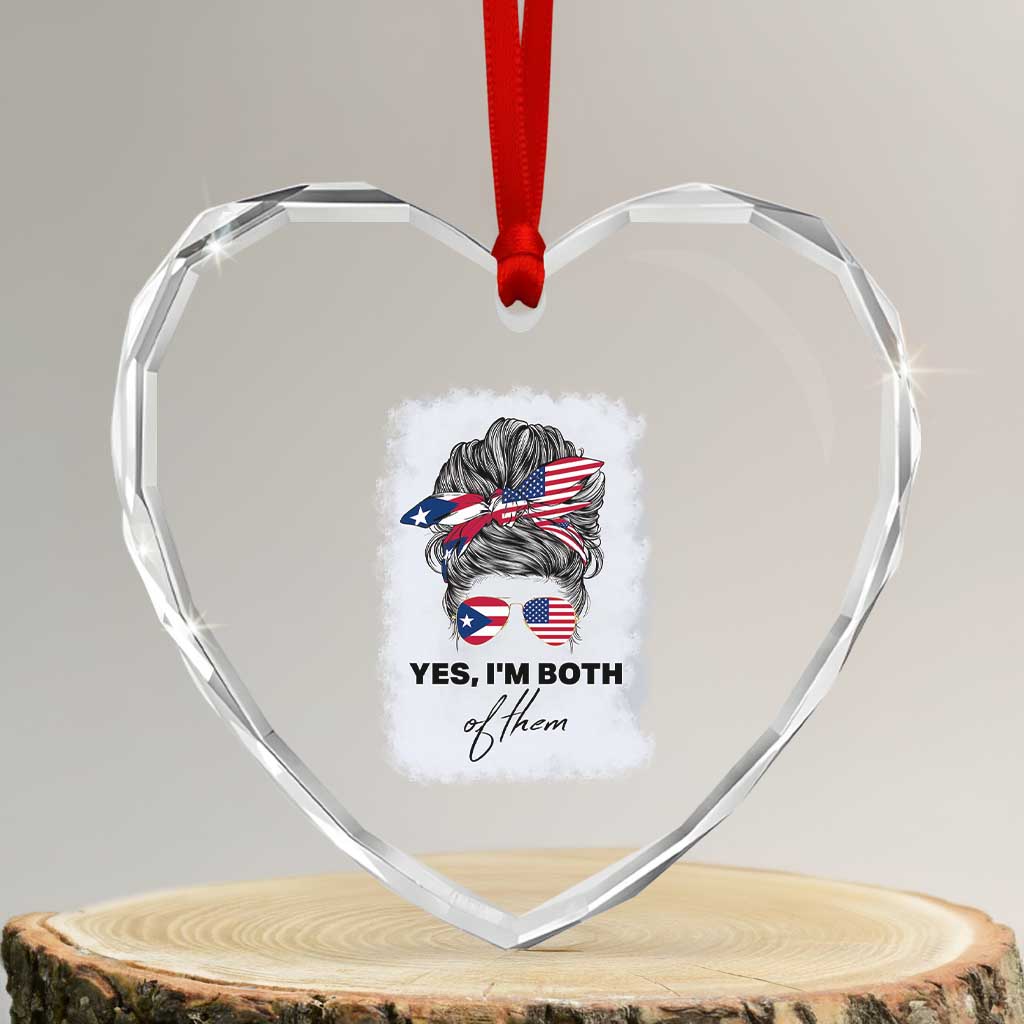 Yes I’m Both Puerto Rican American Heart Crystal Glass Ornament Messy Bun Boricua Woman Pride