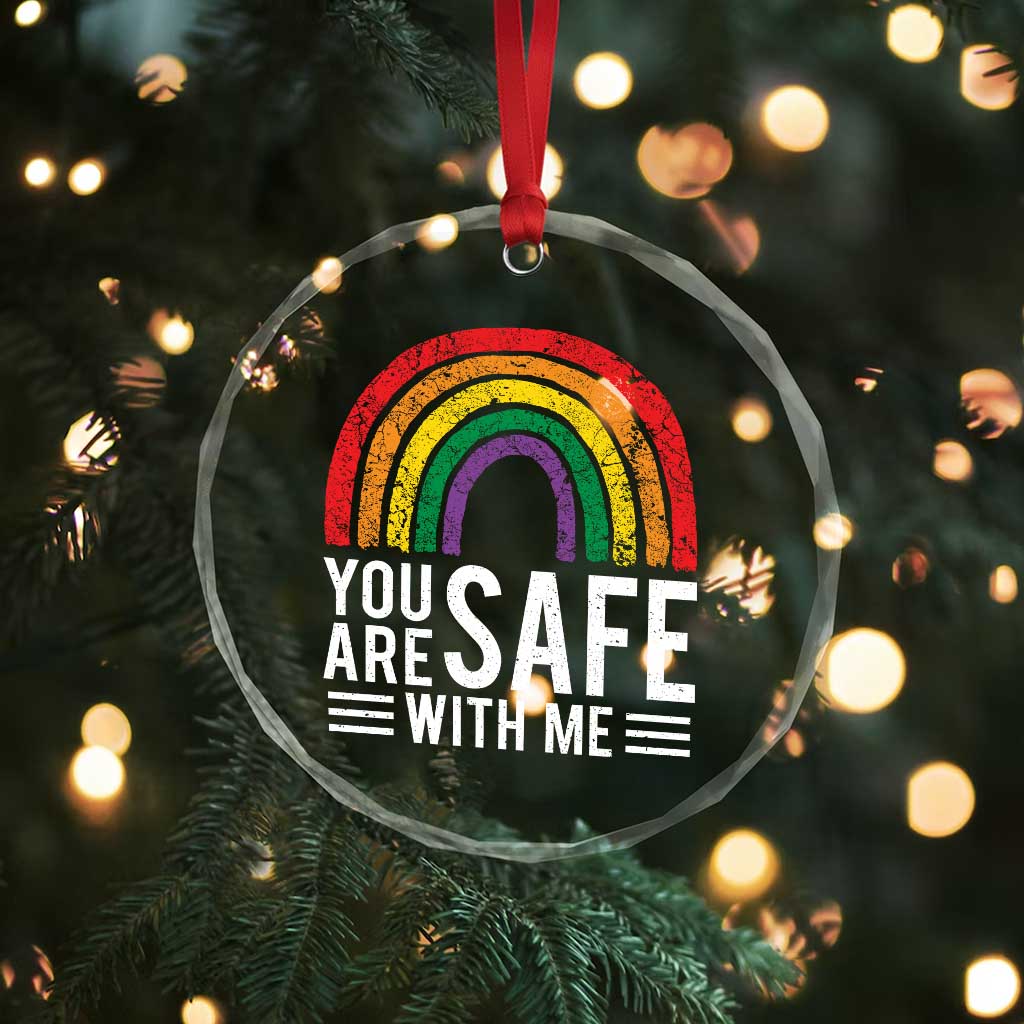You Are Safe With Me Crystal Glass Ornament Retro Rainbow LGBTQ Ally Pride - Wonder Print Shop