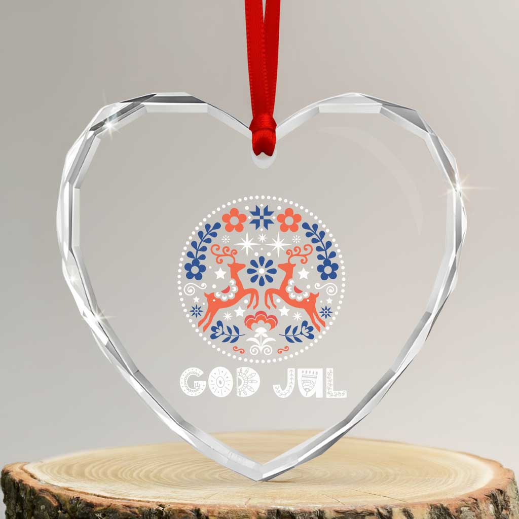 Yule God Jul Heart Crystal Glass Ornament Folk Art Scandinavian Reindeers - Wonder Print Shop