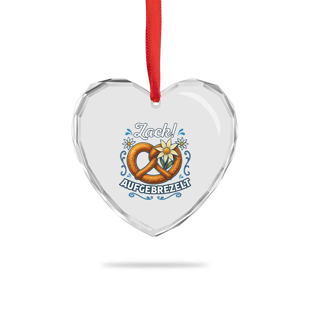 Zack Aufgebrezelt Oktoberfest Heart Crystal Glass Ornament Funny Bavarian Pretzel Edelweiss Blue - Wonder Print Shop