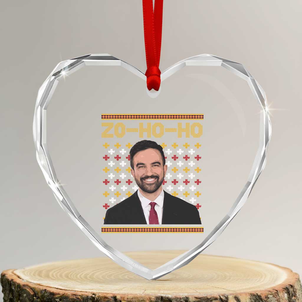 Zo Ho Ho Ugly Christmas Sweater Heart Crystal Glass Ornament Funny Zohran Mamdani Holiday - Wonder Print Shop