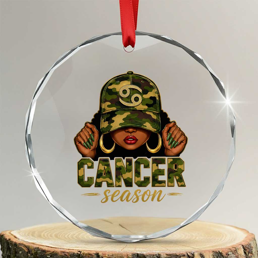 Zodiac Queen Cancer Season Retro Camo Camouflage Graphic Crystal Glass Ornament June July Horoscope Birthday Gift Melanin Women