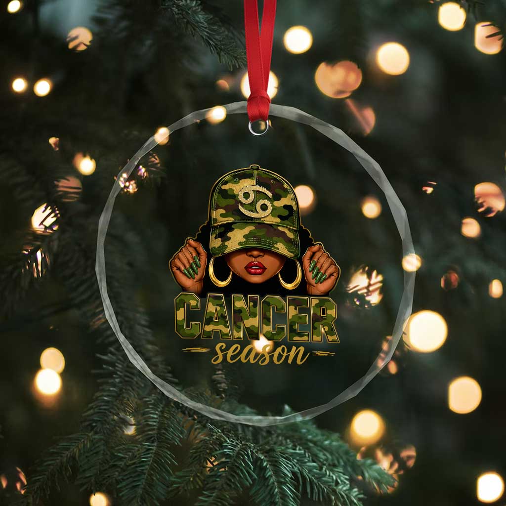 Zodiac Queen Cancer Season Retro Camo Camouflage Graphic Crystal Glass Ornament June July Horoscope Birthday Gift Melanin Women