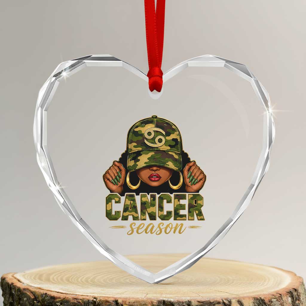 Zodiac Queen Cancer Season Retro Camo Camouflage Graphic Heart Crystal Glass Ornament June July Horoscope Birthday Gift Melanin Women