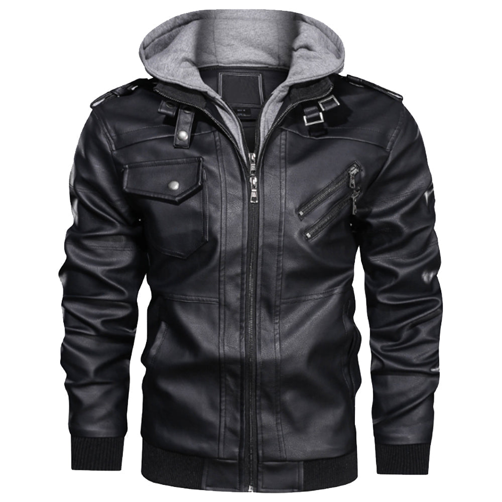 Black leather zip-up hoodie jacket with stand collar, pockets, and ribbed cuffs