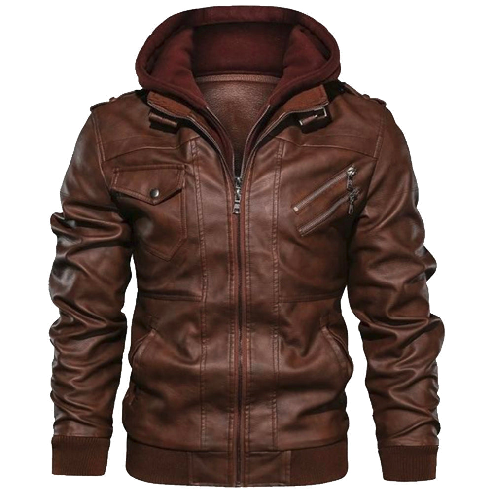 Brown leather zip-up hoodie jacket with angled zip pocket and ribbed cuffs