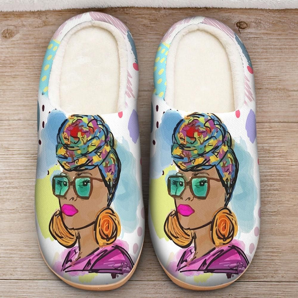 Multicolor Afro woman print fleece slip-on slippers, closed toe