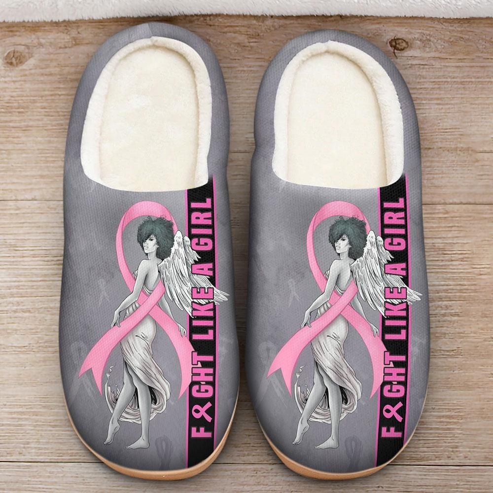 Gray fleece slippers with white lining and Girl print graphic, pink lettering.
