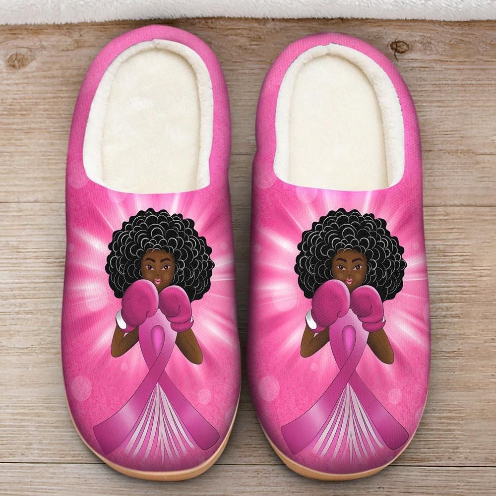 Pink fleece slippers with curly-haired angel fighter graphic, open toe, pair front view
