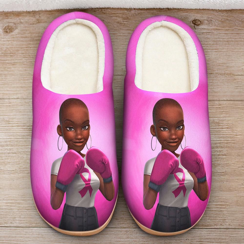 Pink fleece slip-on slippers with girl graphic on front, open toe, dark trim