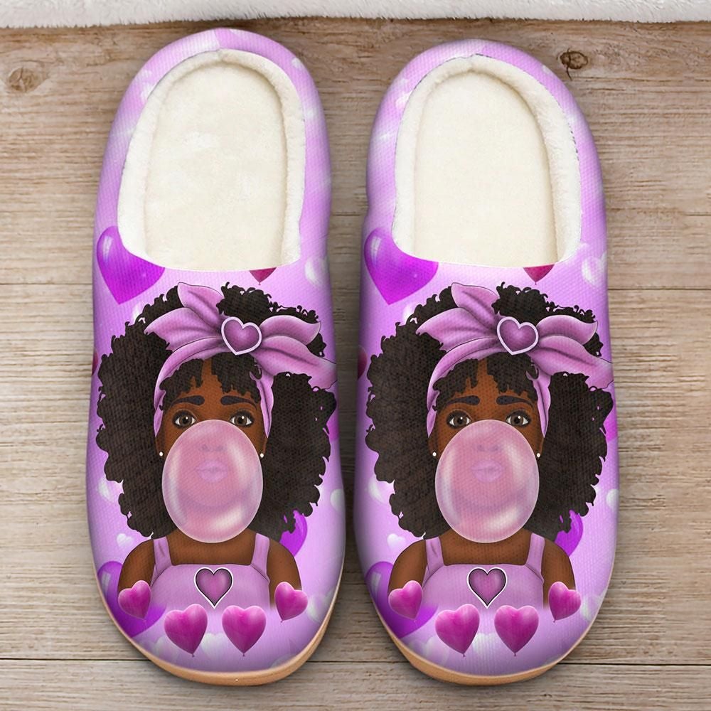 Baby fleece slippers, purple with cartoon dog face and hearts, cushioned sole