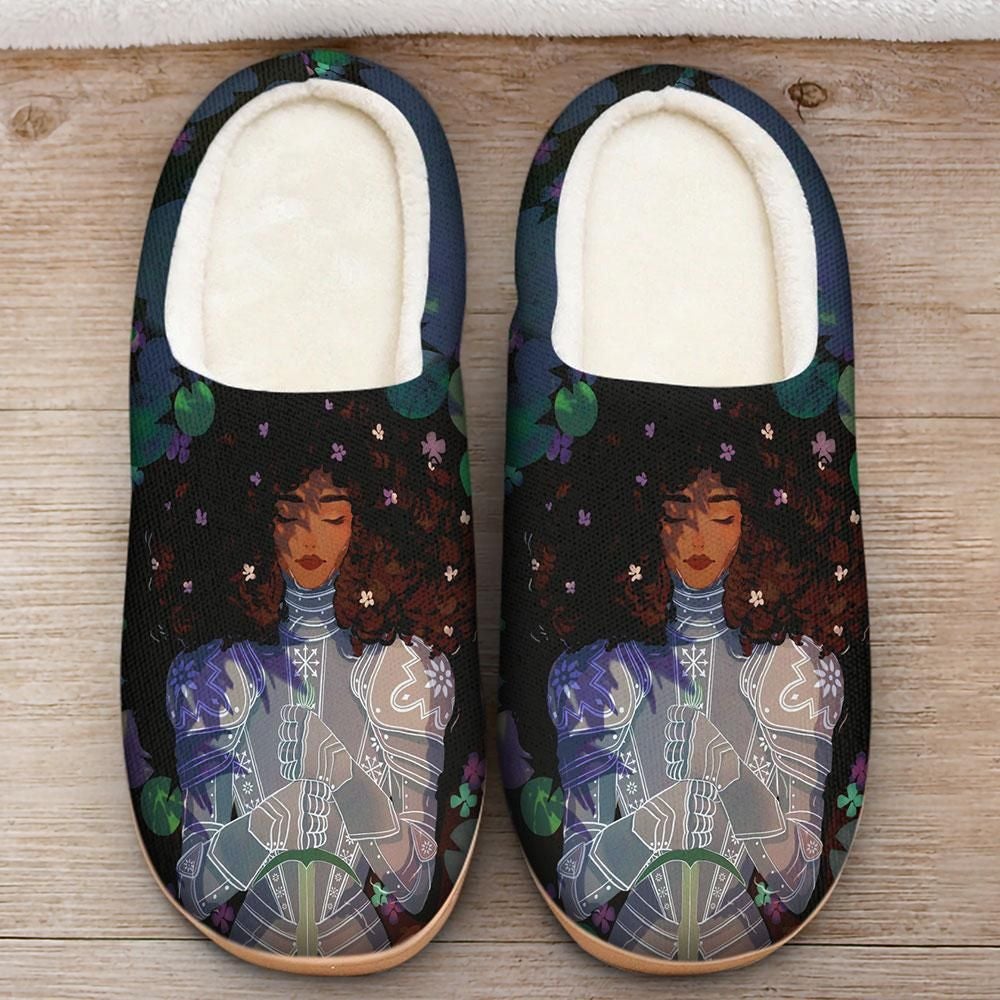 Multicolor fleece slippers with afro knight portrait and floral accents, pair view.