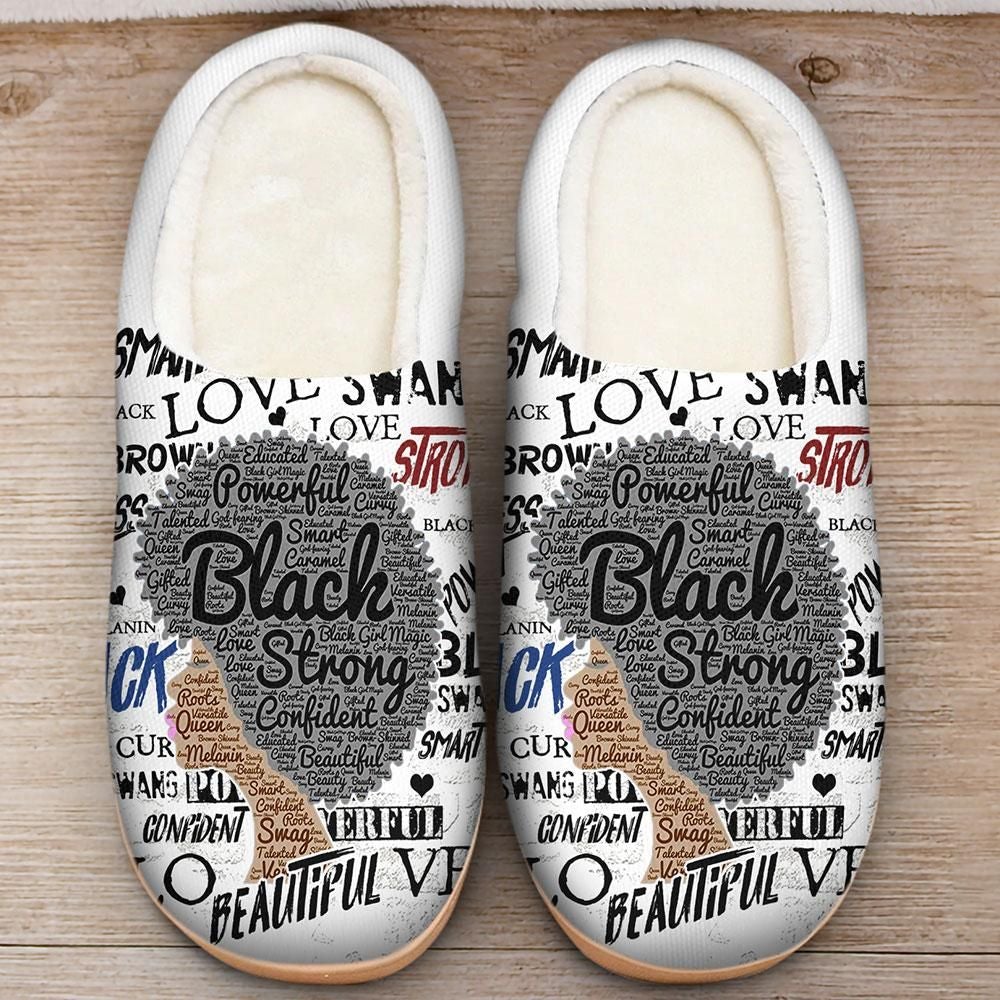 Multicolor word-print fleece slippers with slip-on design and plush lining
