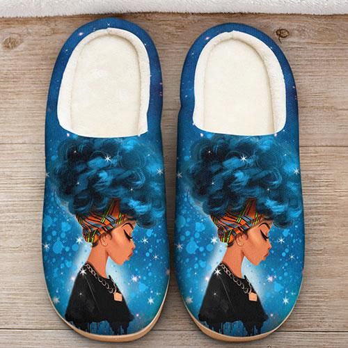 Colorful fleece slippers with afro woman profile and starry night print