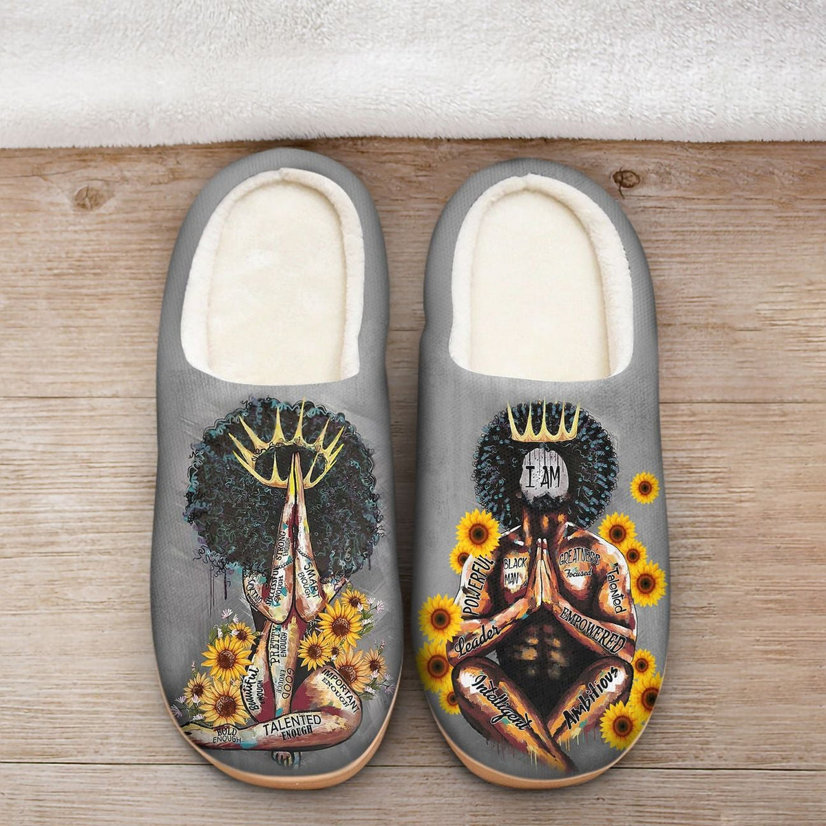 Fleece slip-on slippers with multicolor crown and portrait graphics, pair with gray uppers
