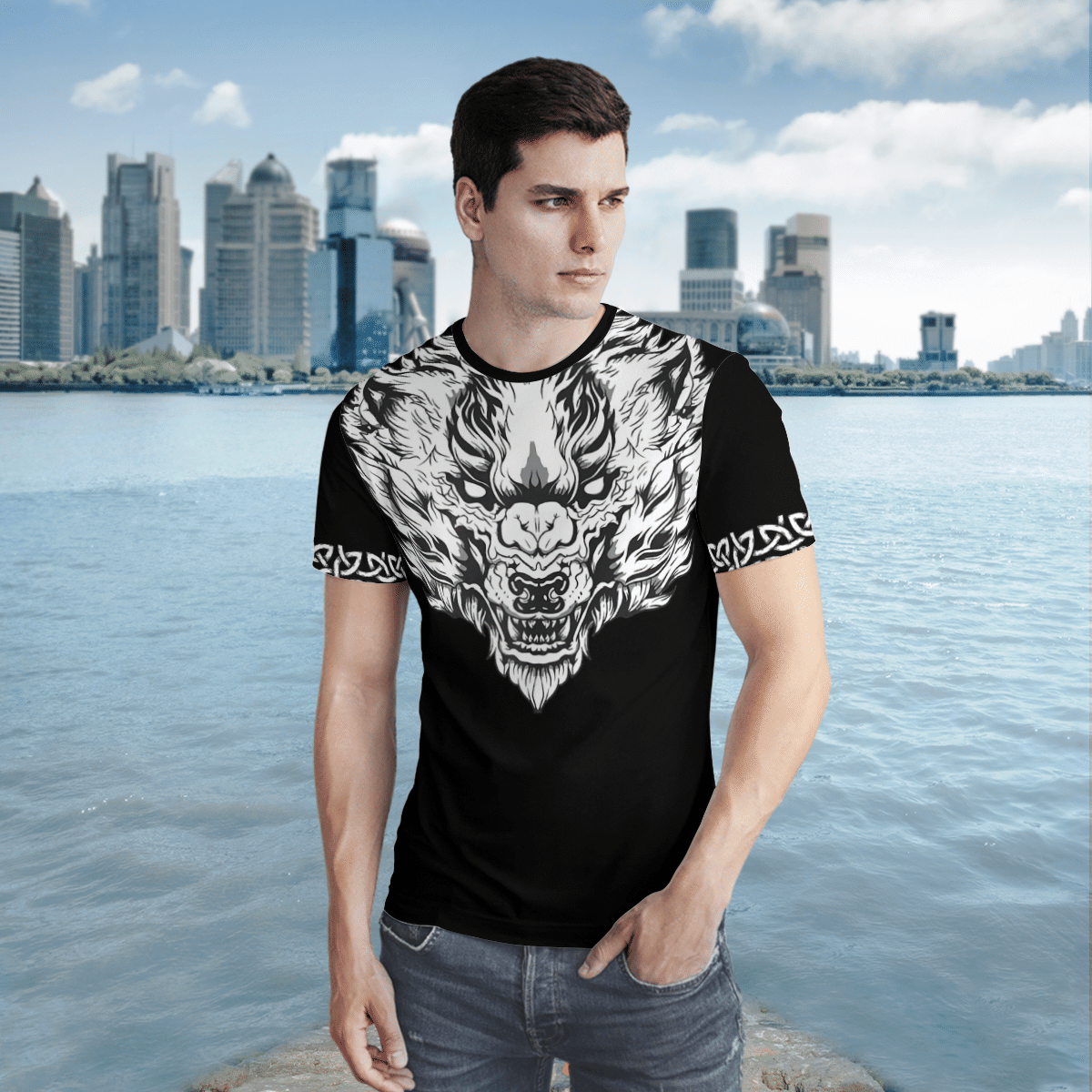 Viking Clothing Fenrir Wolf Axe Sword T Shirt RLT12 - Wonder Print Shop