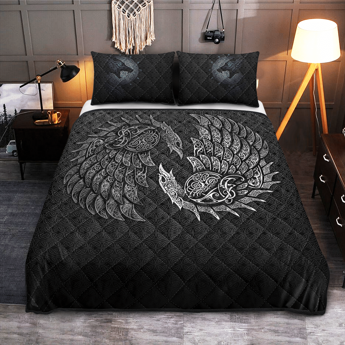 Viking Quilt Bed Set - Raven and Wolf Fenrir - Viking Quilt Bedding Set RLT12 - Wonder Print Shop