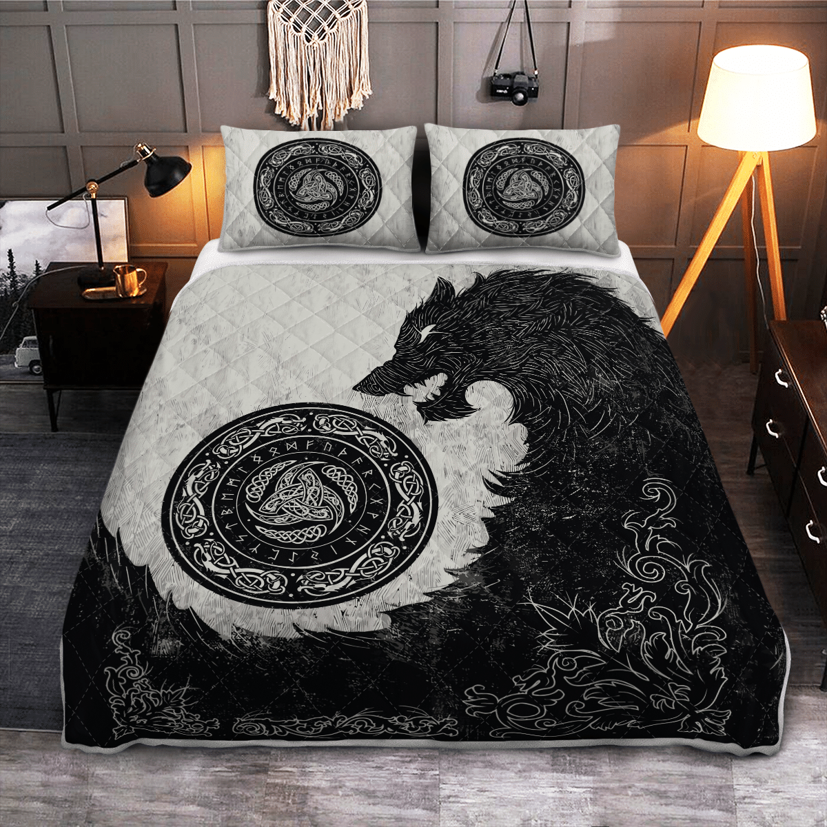 Viking Quilt Bed Set - Viking Fenrir and Horns Of Odin - Viking Quilt Bedding Set RLT12 - Wonder Print Shop