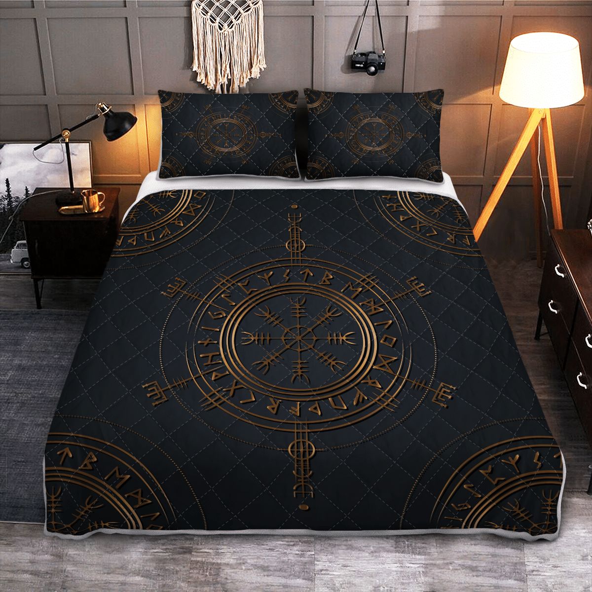 Viking Quilt Bed Set - Viking Vegvisir Gold - Viking Quilt Bed Set RLT12 - Wonder Print Shop