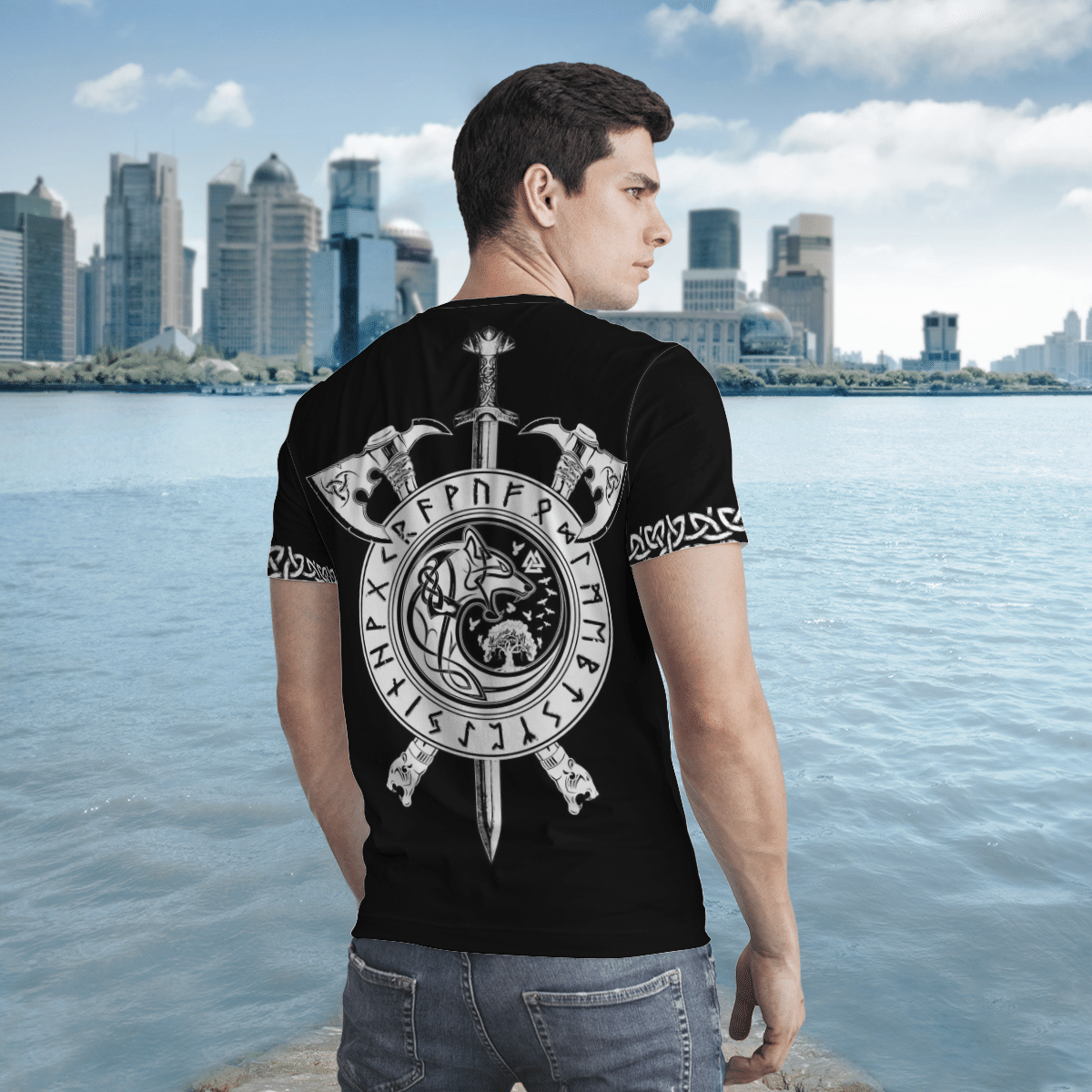 Viking Clothing Fenrir Wolf AXE SWORD T Shirt RLT12 - Wonder Print Shop