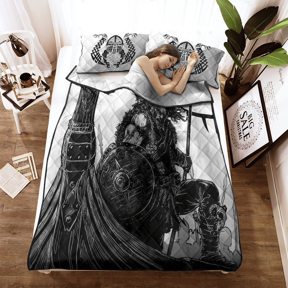 Black-and-white Viking quilt and pillow covers with bold helmet and shield graphic