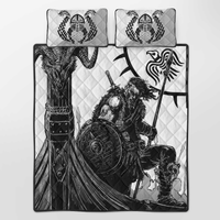 Black-and-white Viking warrior quilt with two matching pillow covers, stitched quilt texture