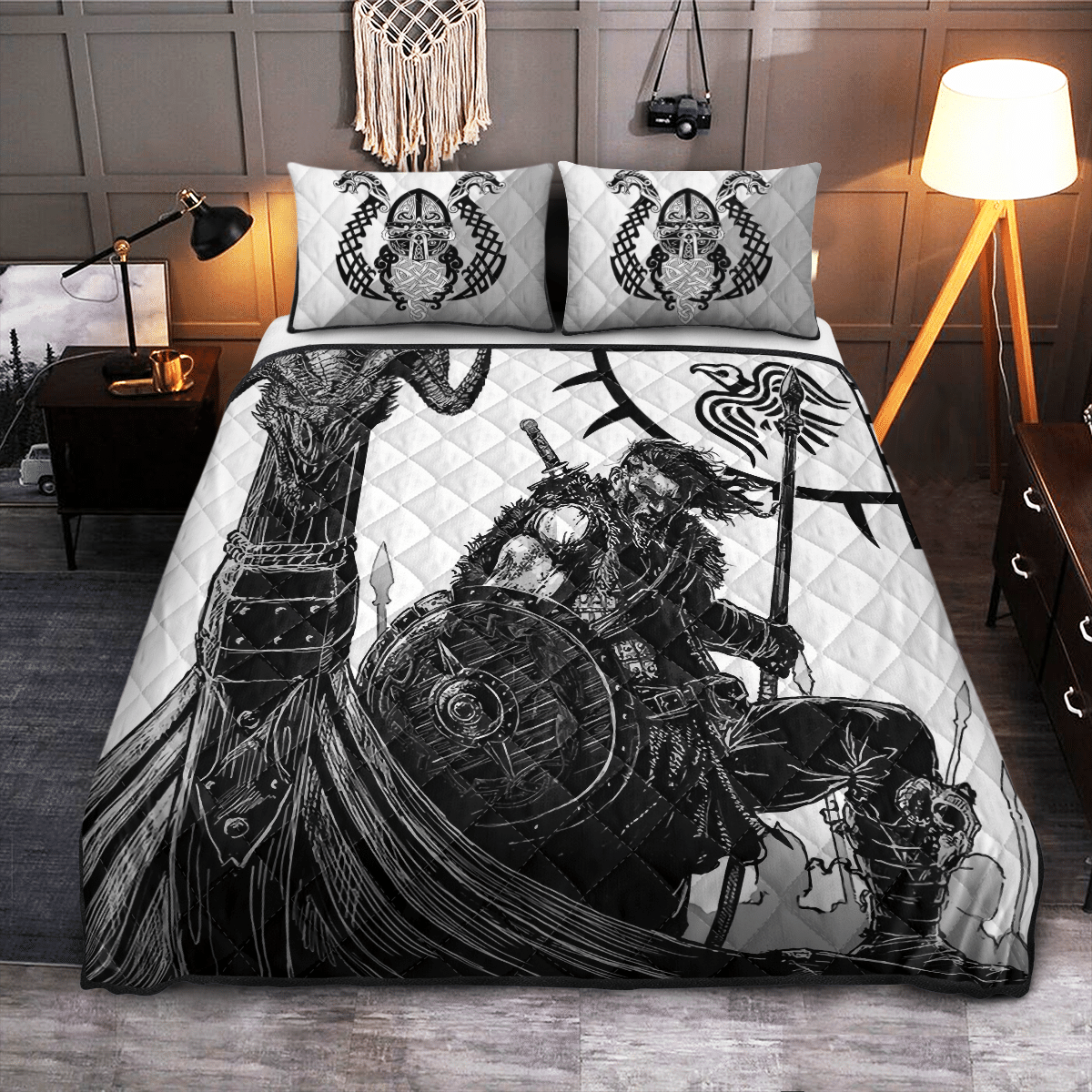 Viking quilt bed set: black-and-white warrior artwork with two square pillow covers