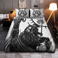 Viking quilt bed set: black-and-white warrior artwork with two square pillow covers