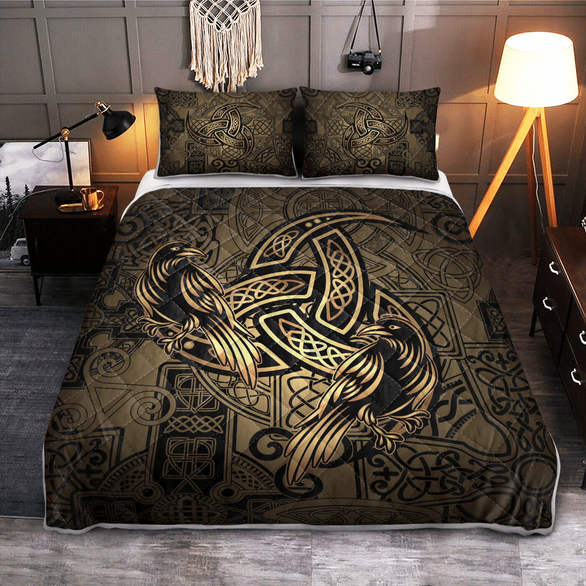 Viking Quilt Bed Set - Totem Birds Raven Huginn and Muninn Ravens Of Odin - Viking Quilt Bedding Set RLT12 - Wonder Print Shop
