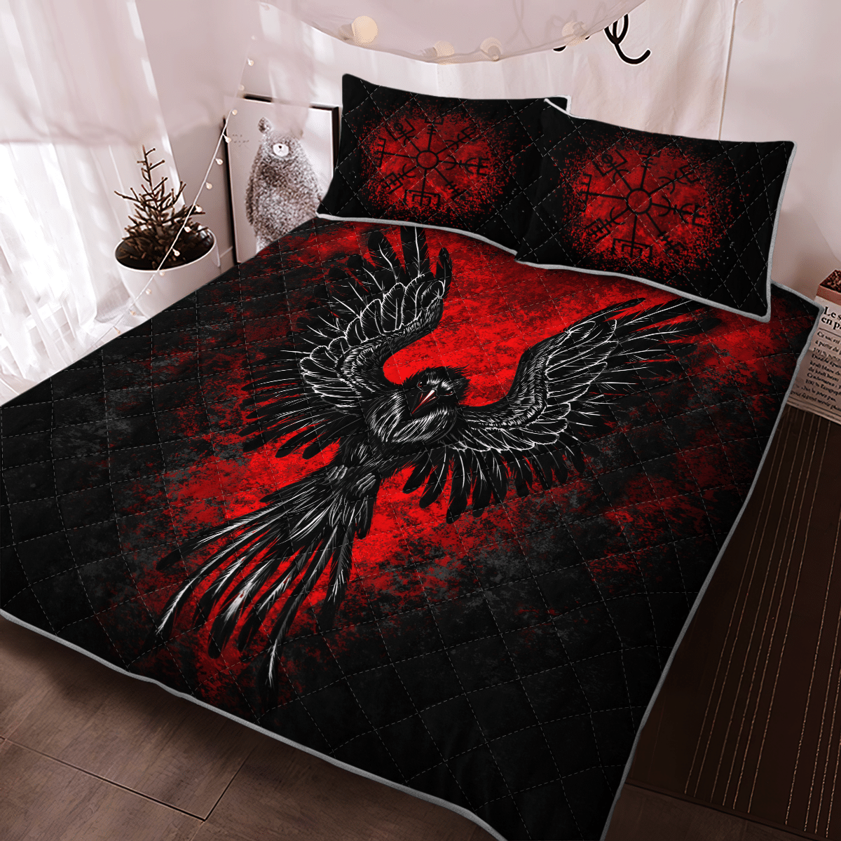 Viking Quilt Bed Set - Raven Vegvisir - Viking Quilt Bedding Set RLT12 - Wonder Print Shop