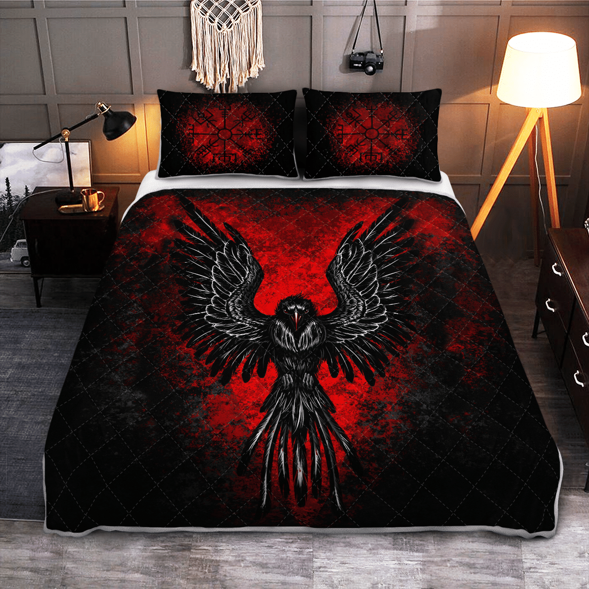 Viking Quilt Bed Set - Raven Vegvisir - Viking Quilt Bedding Set RLT12 - Wonder Print Shop