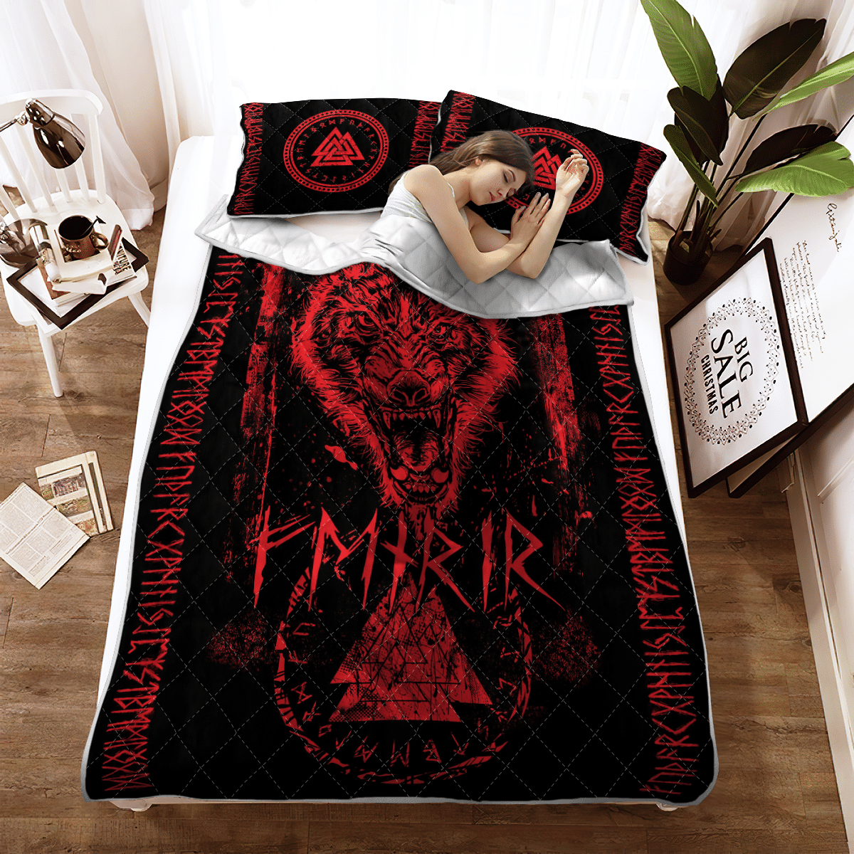 Viking Quilt Bed Set - Fenrir Wolf - Valknut and Rune - Viking Quilt Bedding Set RLT12 - Wonder Print Shop