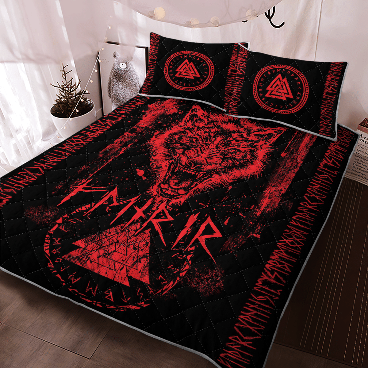 Viking Quilt Bed Set - Fenrir Wolf - Valknut and Rune - Viking Quilt Bedding Set RLT12 - Wonder Print Shop