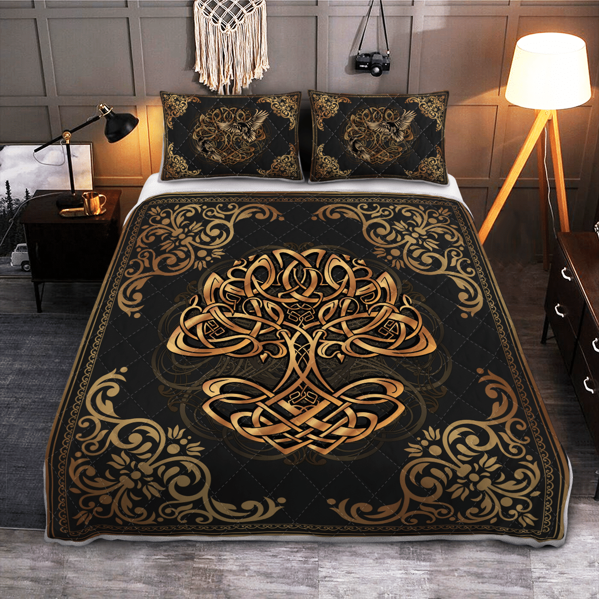 Viking Quilt Bed Set - Yggdrasil - Odin's Ravens Huginn and Muninn - Viking Quilt Bedding Set RLT12 - Wonder Print Shop