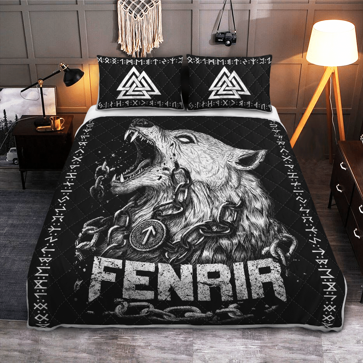Viking Quilt Bed Set - Fenrir Wolf and Valknut - Viking Quilt Bedding Set RLT12 - Wonder Print Shop