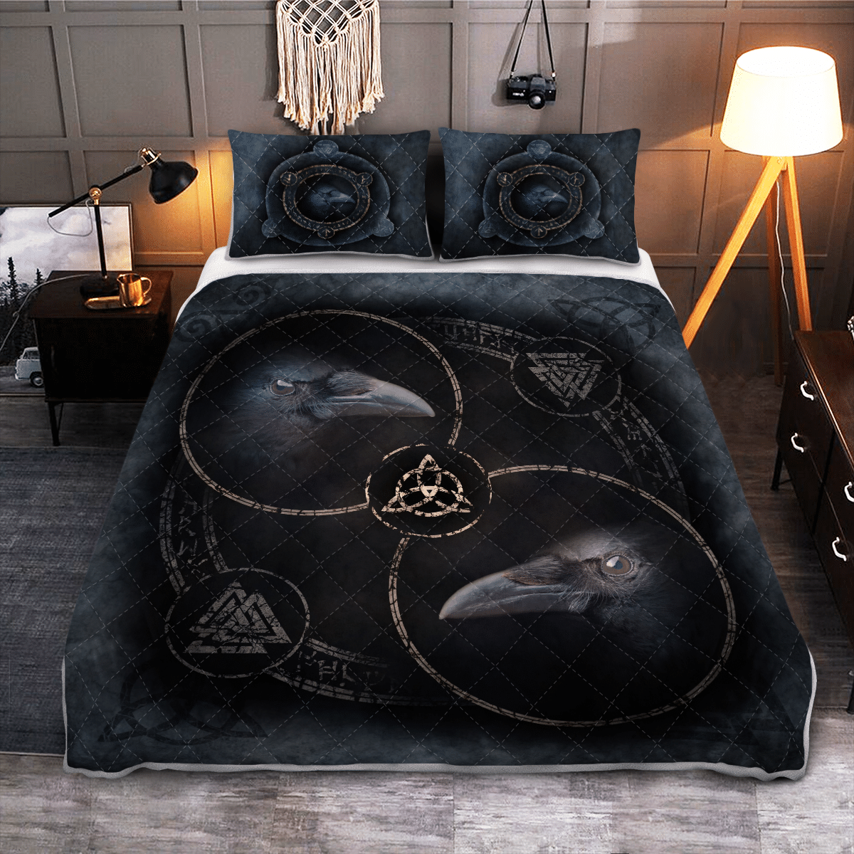 Viking Quilt Bed Set - Raven and Runic Symbols - Viking Quilt Bedding Set RLT12 - Wonder Print Shop