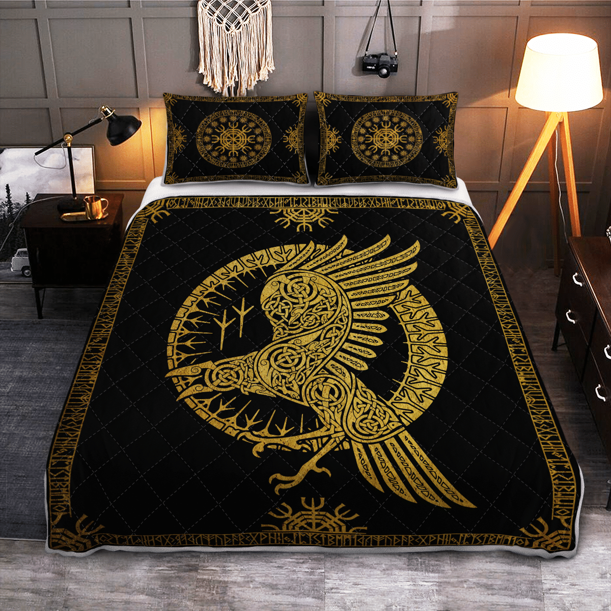Viking Quilt Bed Set - Ravens In Celtic Mythology and Runic - Viking Quilt Bedding Set RLT12 - Wonder Print Shop