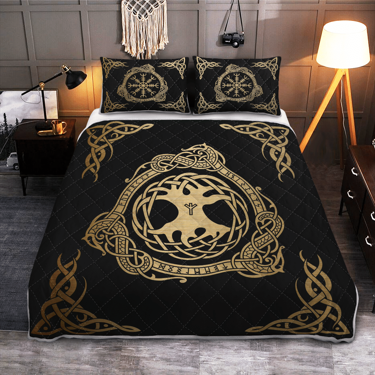 Viking Quilt Bed Set - Tree Yggdrasil and Vegvisir - Viking Quilt Bedding Set RLT12 - Wonder Print Shop