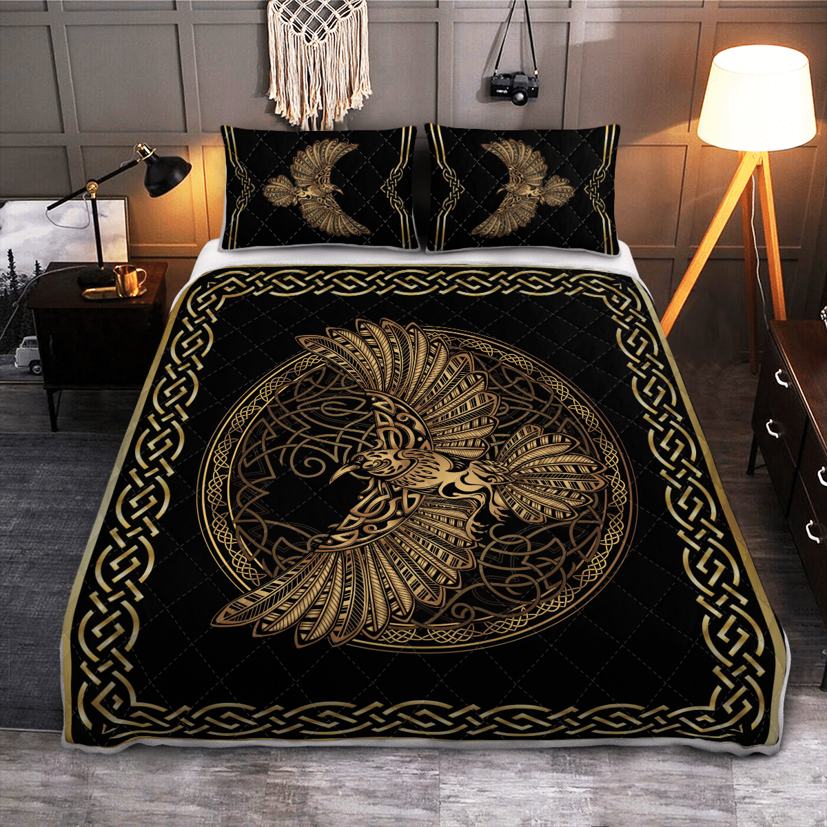 Viking Quilt Bed Set - Odin's Celtic Raven On The Background Yggdrasil Tree - Viking Quilt Bedding Set RLT12 - Wonder Print Shop