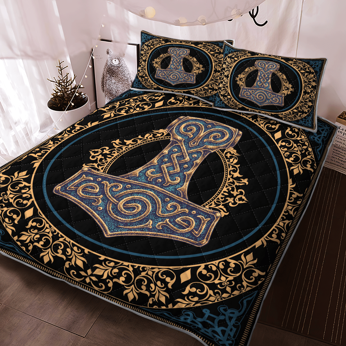 Viking Quilt Bed Set - Thor Hammer Mjolnir - Viking Hammer - Viking Quilt Bedding Set RLT12 - Wonder Print Shop