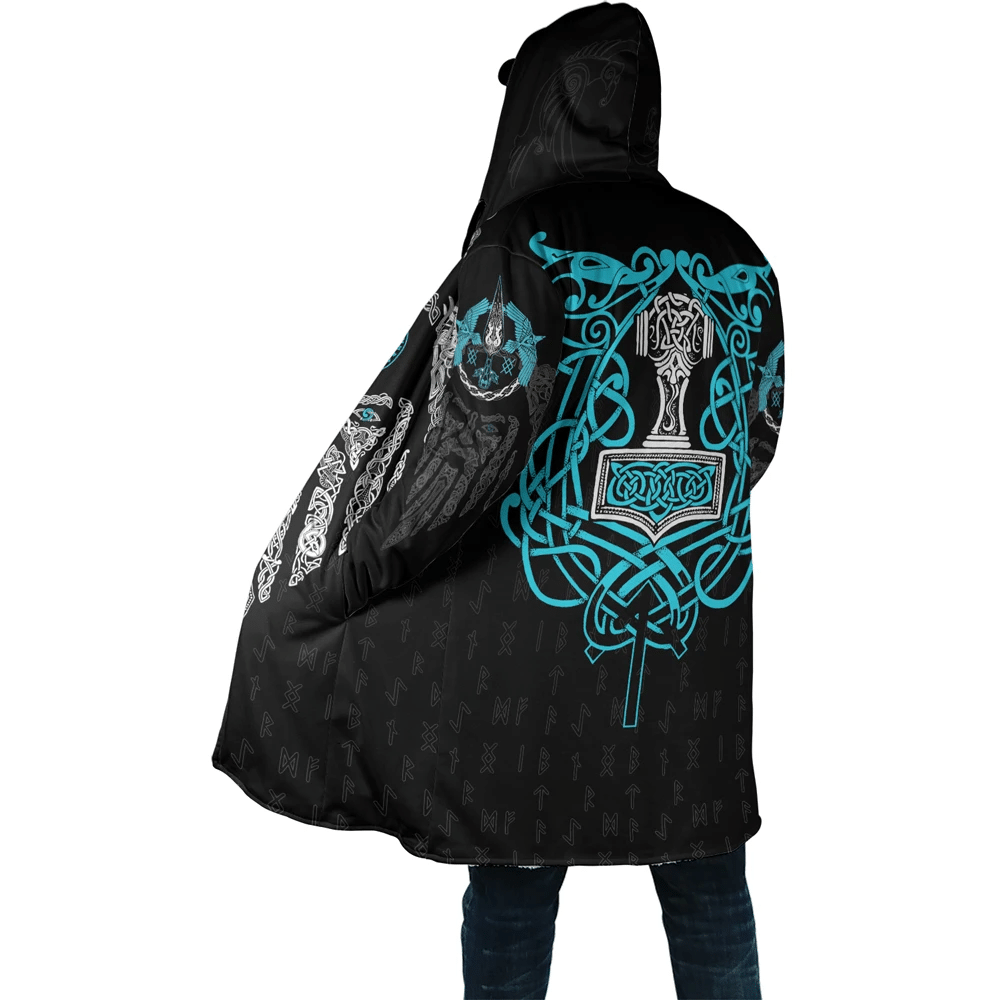 viking-cloak-3d-all-over-printed-blue-neon-viking-symbols-with-viking-warrior-black-hooded-coat