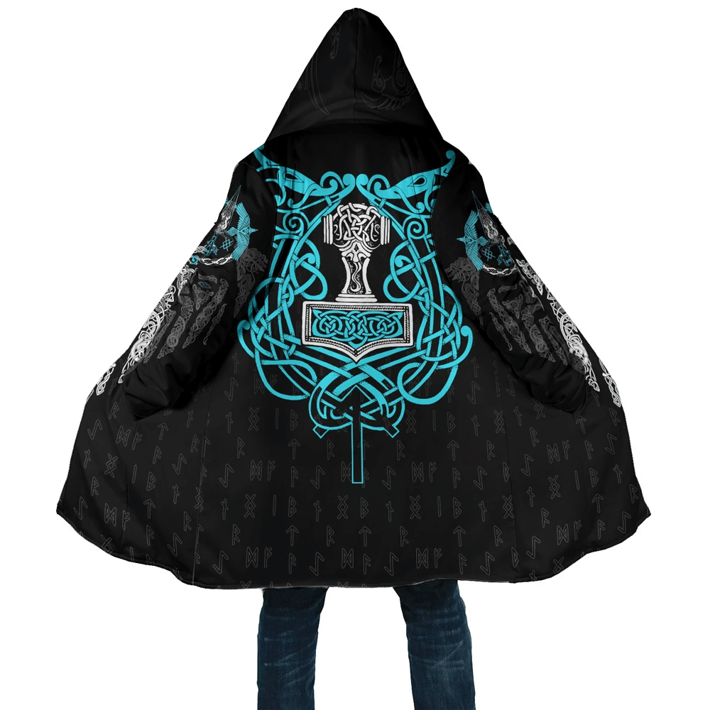 viking-cloak-3d-all-over-printed-blue-neon-viking-symbols-with-viking-warrior-black-hooded-coat