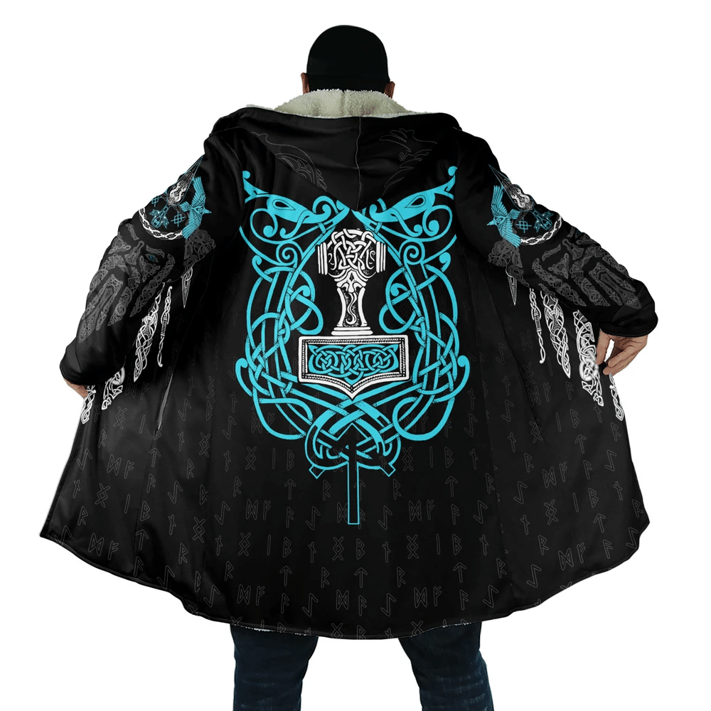 viking-cloak-3d-all-over-printed-blue-neon-viking-symbols-with-viking-warrior-black-hooded-coat