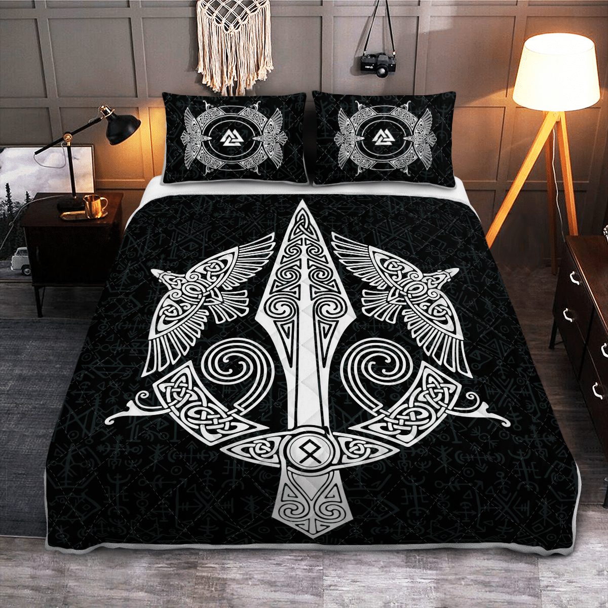 Viking Quilt Bed Set - Raven and Spear Of Odin - Viking Quilt Bedding Set RLT12 - Wonder Print Shop