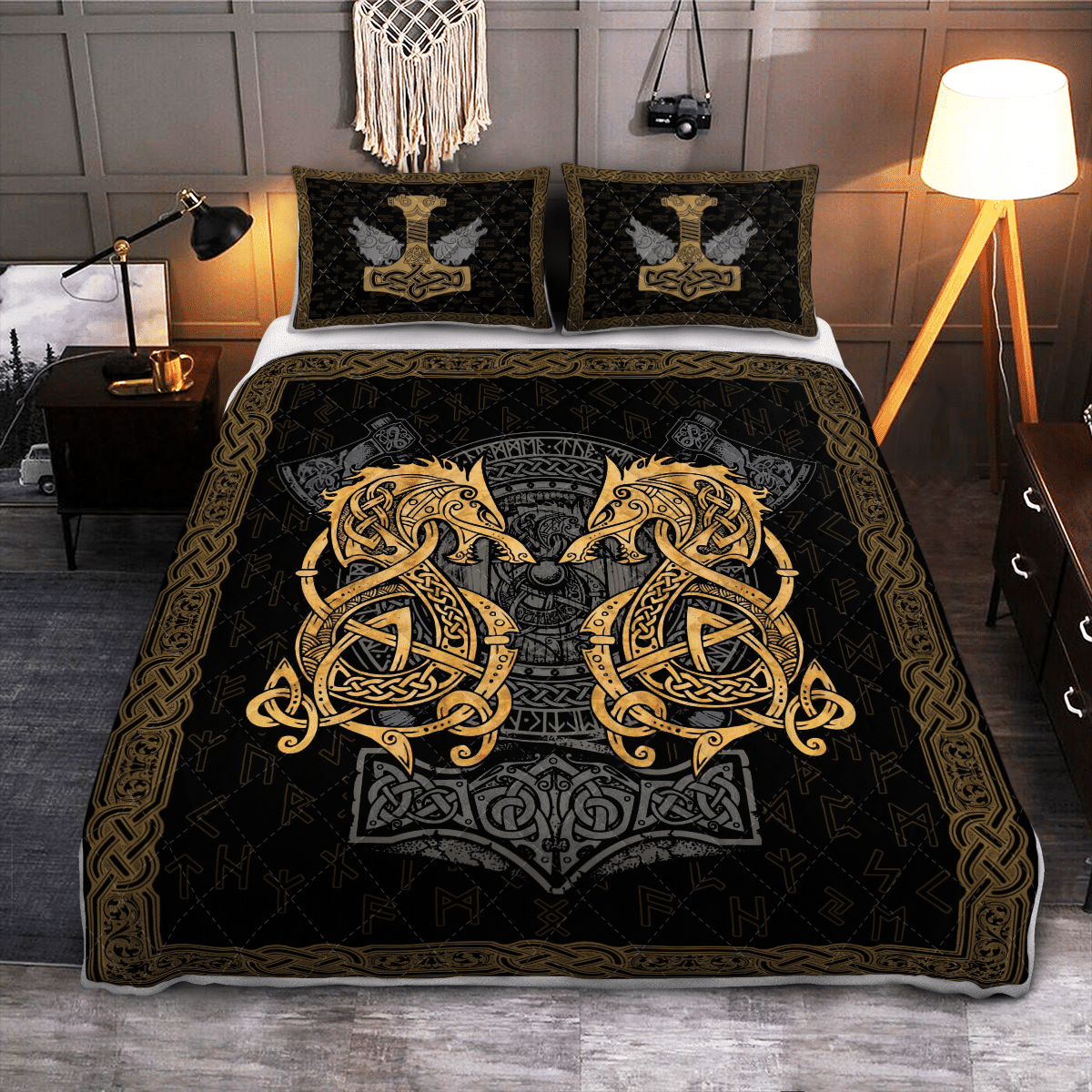 Viking Quilt Bed Set - Fenrir Wolf and Hammer - Viking Quilt Bedding Set RLT12 - Wonder Print Shop