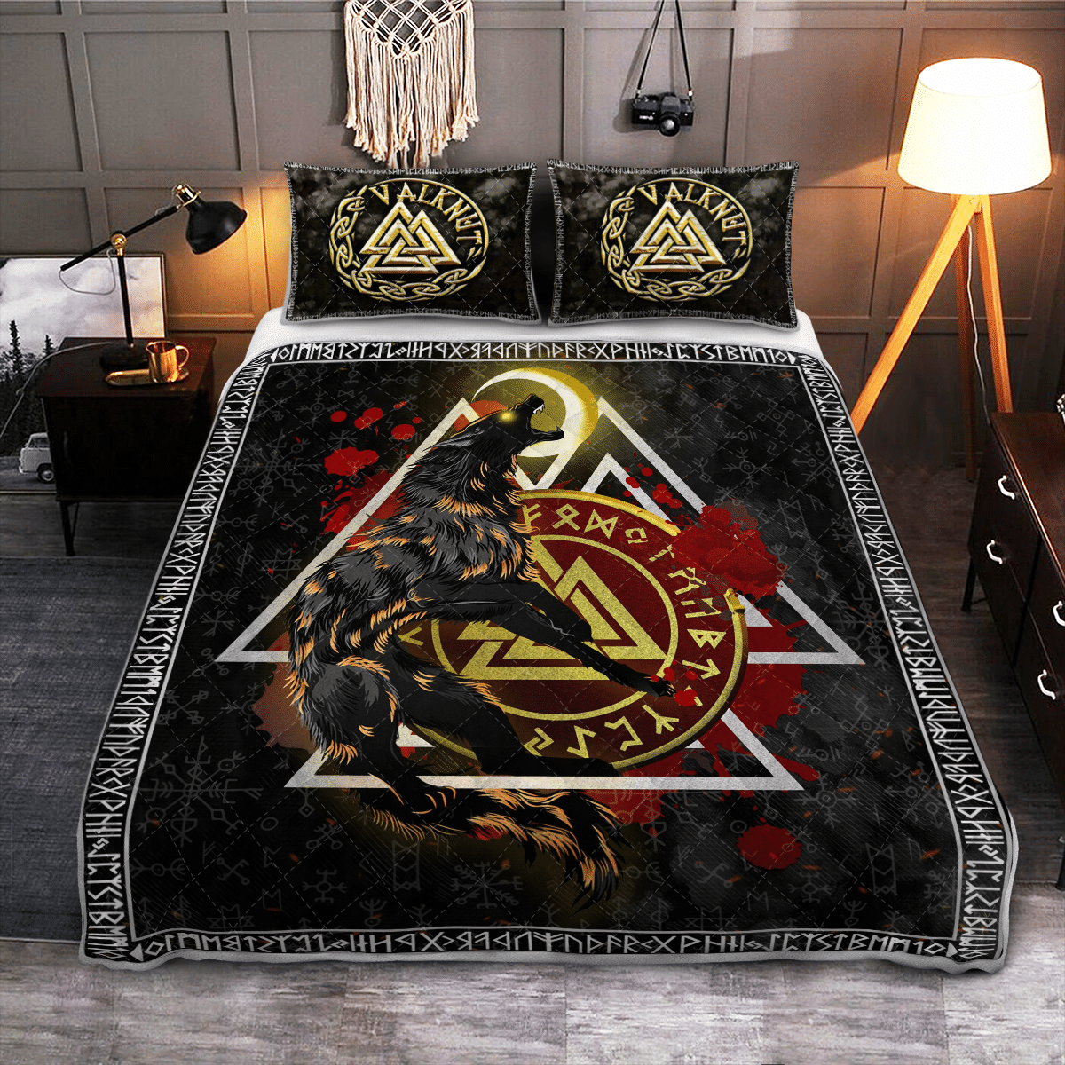 Viking Quilt Bed Set - Fenrir Wolf Valknut - Viking Quilt Bedding Set RLT12 - Wonder Print Shop